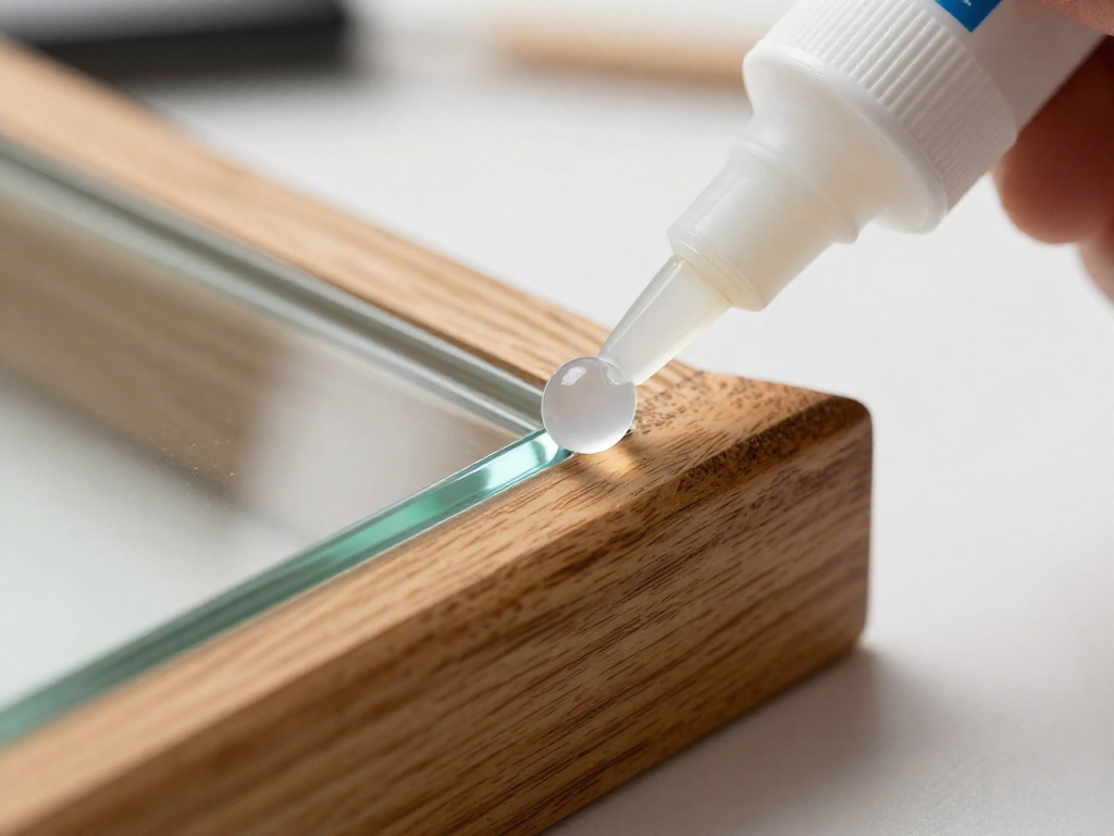 A close-up of a glass edge bonded to a wooden frame with a smooth, clear silicone bead along the joint.