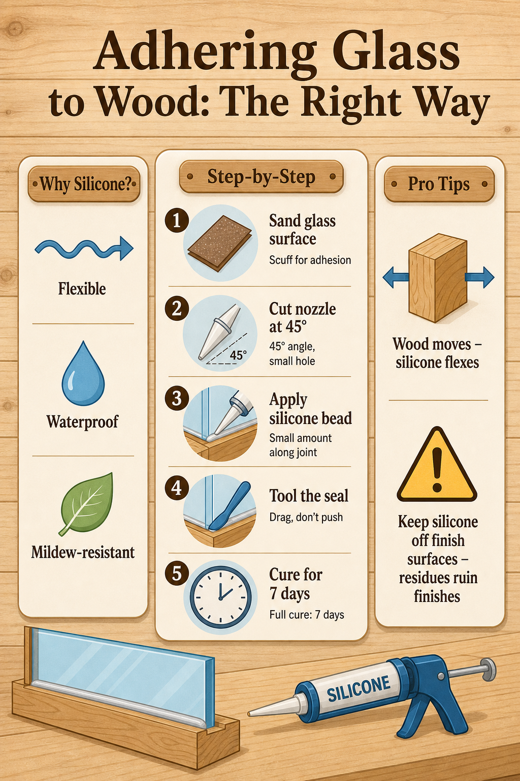 Infographic showing a step-by-step guide for adhering glass to wood using silicone: sand glass, cut nozzle at 45°, apply bead, tool seal by dragging, cure for 7 days. Includes benefits of silicone (flexible, waterproof, mildew-resistant) and pro tips about wood movement and avoiding silicone on finish surfaces.