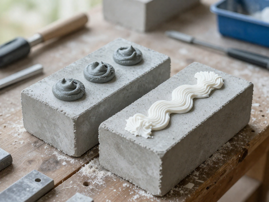 Two concrete blocks with different adhesive patterns: one with spaced dollops, the other with a continuous bead.