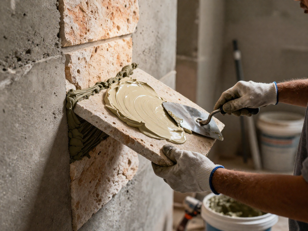 Hands spreading mortar on the back of a stone veneer piece with a notched trowel, in front of a partially covered concrete wall.