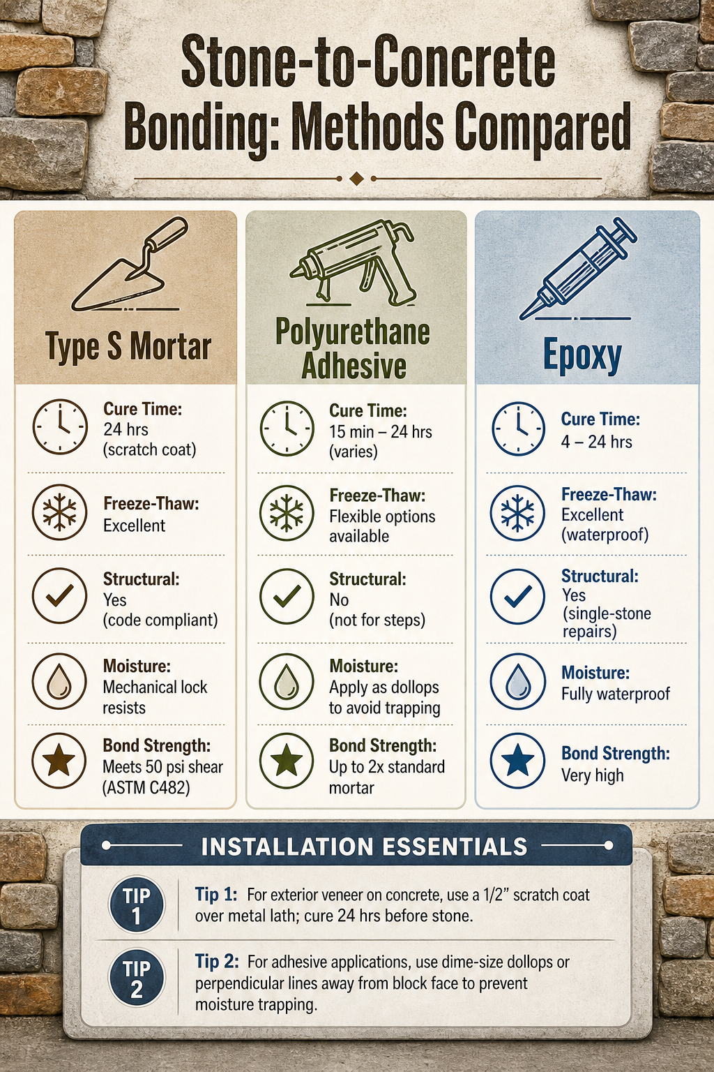 Infographic comparing three adhesives for bonding stone to concrete: Type S mortar, polyurethane construction adhesive, and epoxy. Includes key specs like bond strength, cure time, best applications, and climate suitability. Also features installation tips such as dollop pattern for adhesives and scratch coat details.