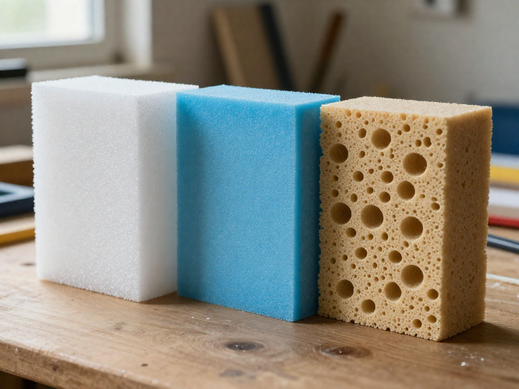 Three foam samples: white EPS with beady texture, smooth blue XPS, and porous tan polyurethane foam placed on a wooden surface.