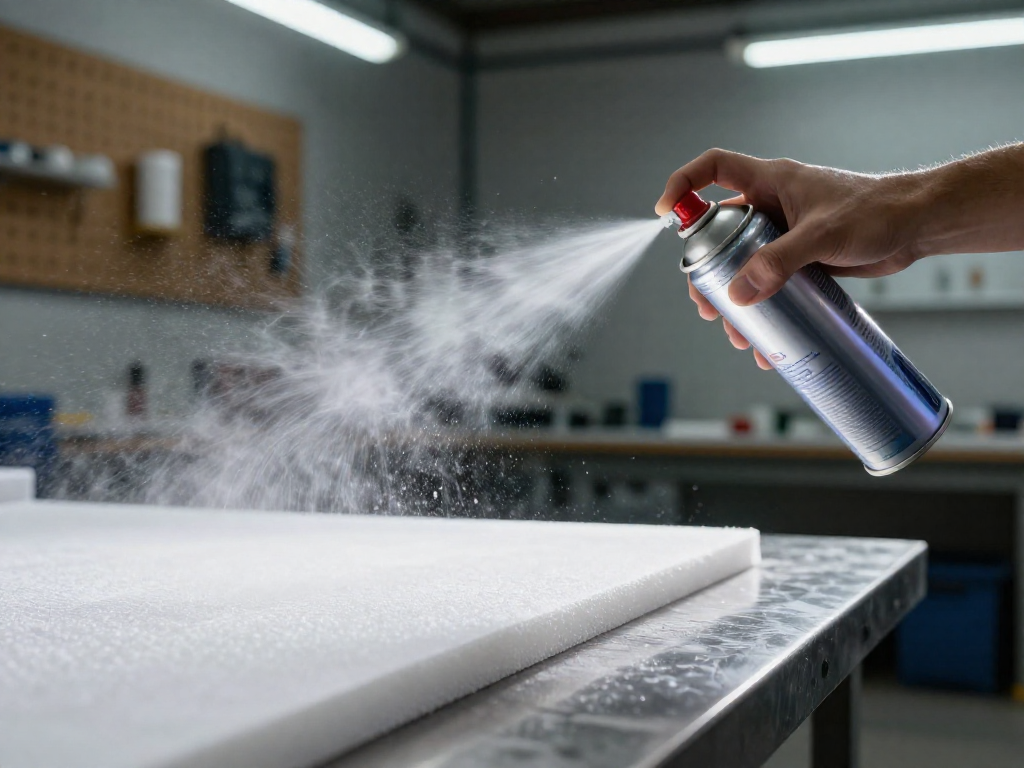 A hand sprays a fine mist of adhesive from a can onto a piece of white EPS foam board.
