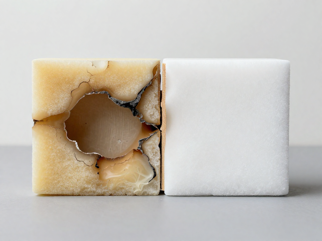 Comparison: left piece of EPS foam melted and crumbled from wrong glue, right piece intact with a clean bond from correct adhesive.