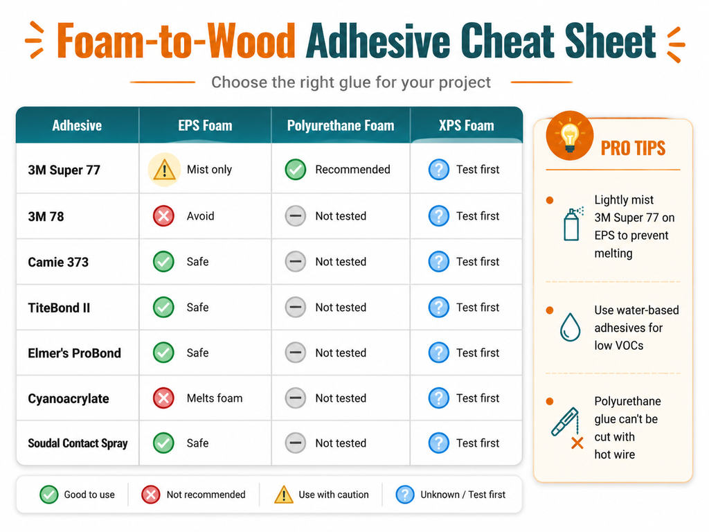 An infographic cheat sheet for attaching foam to wood. The chart shows adhesive compatibility for EPS, polyurethane, and XPS foam. For ESP, Camie 373, TiteBond II, and Elmer's ProBond are safe; 3M Super 77 requires a mist technique; 3M 78 and cyanoacrylate should be avoided. For polyurethane foam, 3M Super 77 is recommended. XPS foam requires testing. Pro tips advise misting, using water-based adhesives, and avoiding polyurethane glue for hot wire cutting.