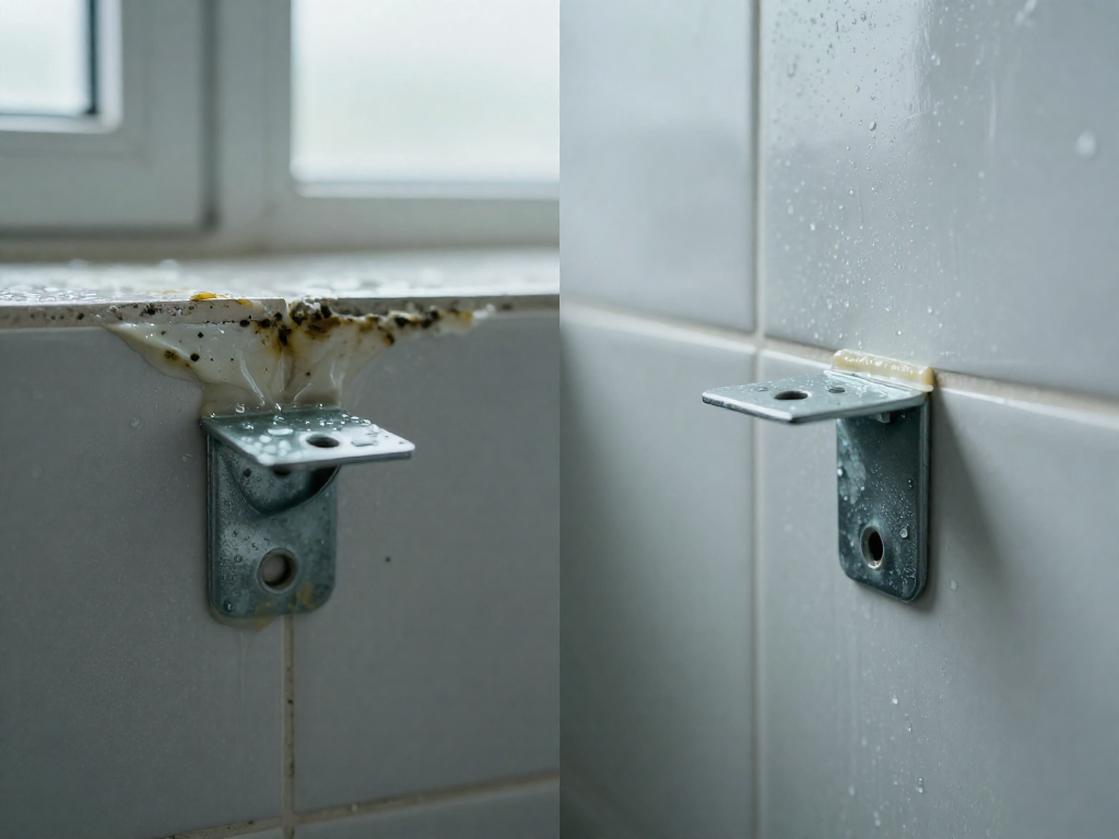 Two white bathroom tiles with metal brackets attached: the left bracket is coming loose with failed adhesive, while the right bracket is firmly held by clear epoxy.