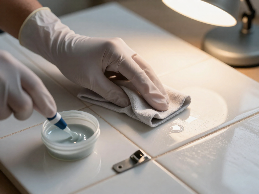 Hands wearing gloves cleaning a white tile surface with a cloth and alcohol, with mixed epoxy and a metal bracket on the table.