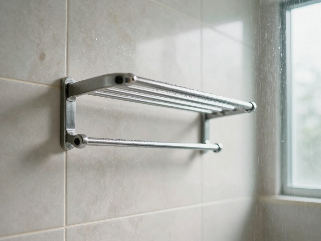 A bathroom with a metal towel rack attached to a tiled wall, with water droplets indicating moisture resistance.