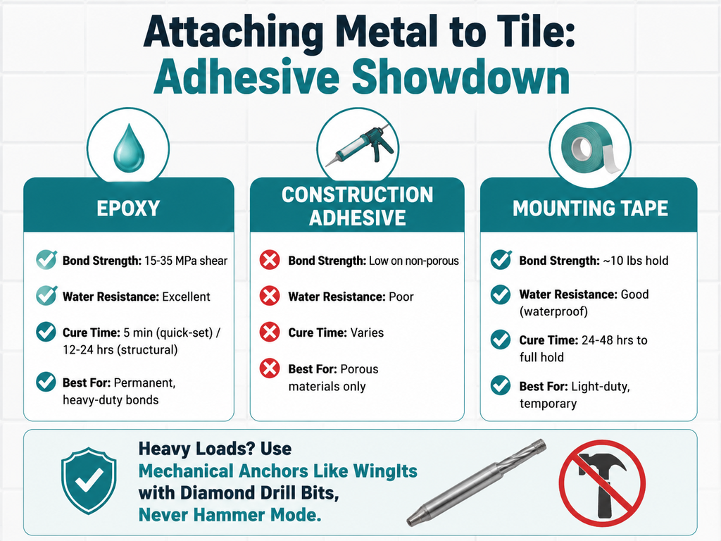 Infographic comparing epoxy, construction adhesive, and mounting tape for attaching metal to tile in bathrooms. Epoxy offers high strength (15-35 MPa), waterproof, cure in 5 minutes to 24 hours. Construction adhesive is weak on non-porous surfaces and not moisture resistant. Mounting tape holds up to 10 lbs and is waterproof. Mechanical anchors recommended for heavy loads.