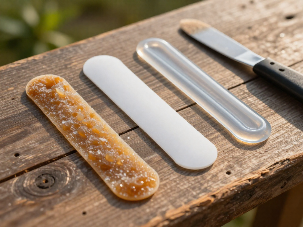 Three different beads of outdoor adhesive applied side by side on aged wood, showing distinct textures and colors.