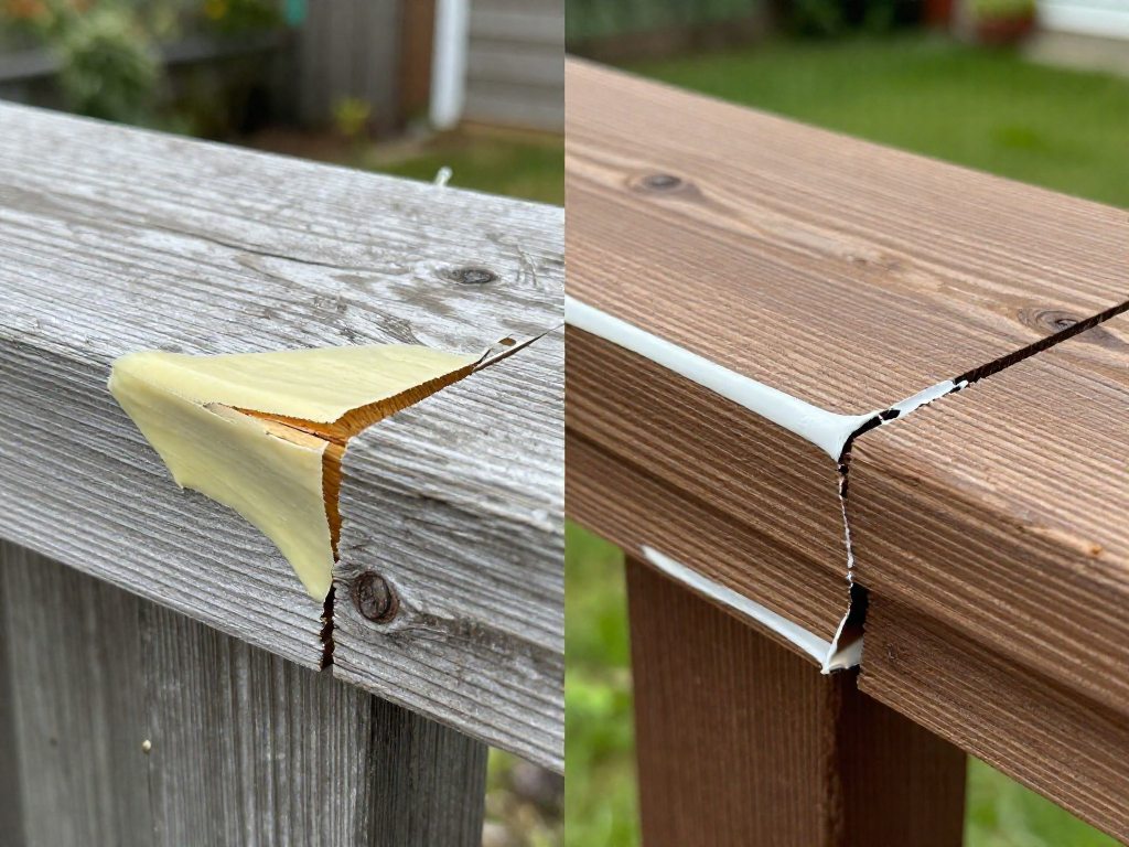 Two wooden joints side by side: one failed with cracked adhesive and separated wood, the other strongly bonded with a clean adhesive line.