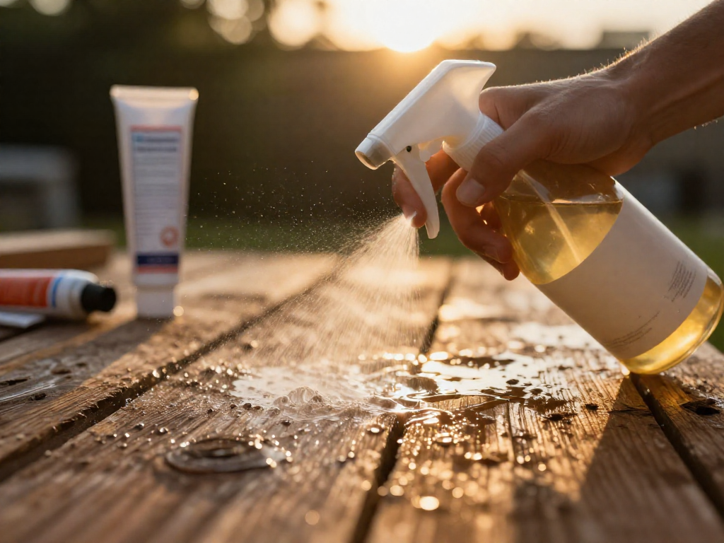 A hand spraying a fine mist of water onto a wooden surface, with a tube of polyurethane adhesive nearby.