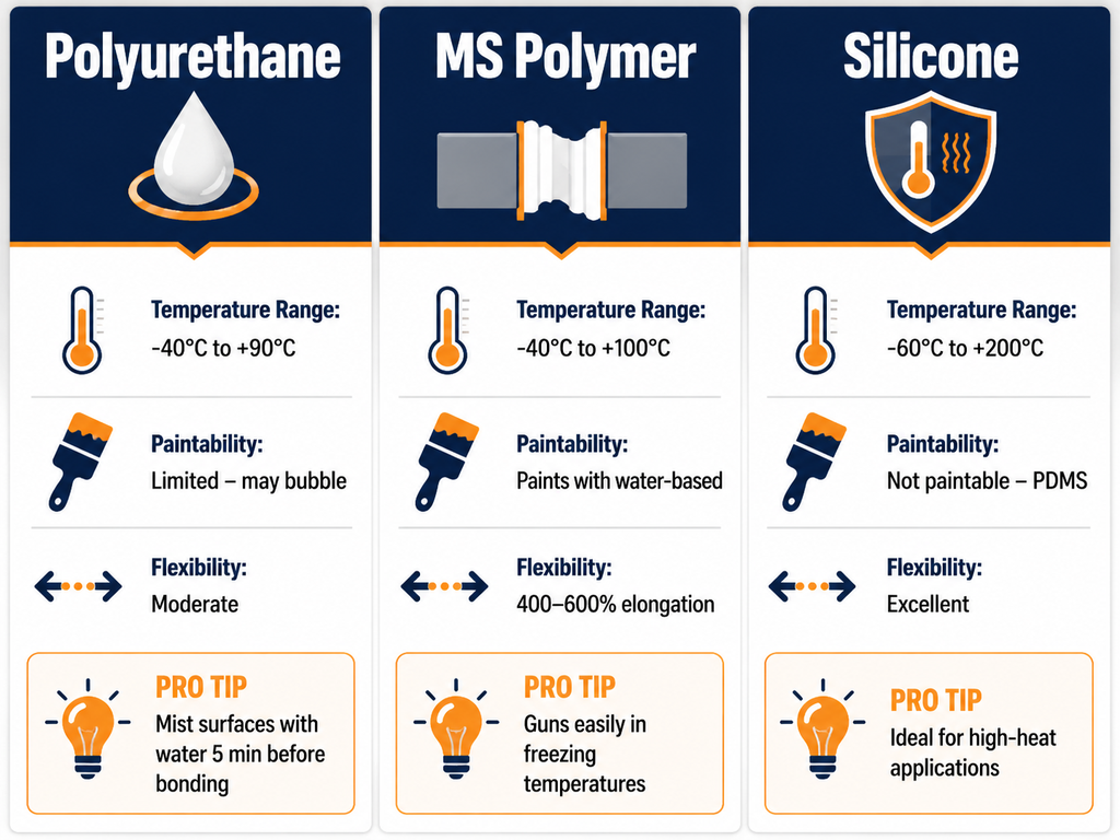 Three-panel infographic comparing outdoor adhesives: Polyurethane, MS Polymer, and Silicone, listing temperature range, paintability, flexibility, and a pro tip for each.