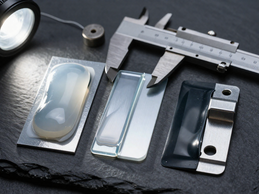 Three adhesive samples—epoxy, cyanoacrylate, and acrylic—applied to plastic and metal joints on a dark slate, with a caliper and a small suspended weight to indicate strength testing.