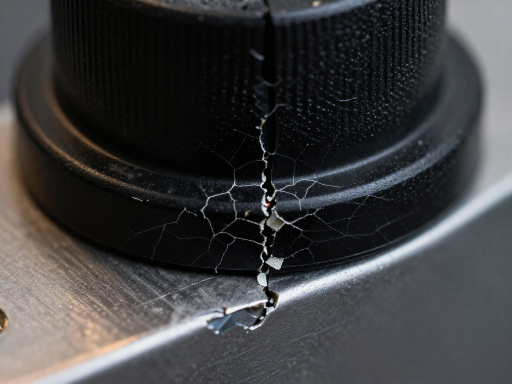 Close-up of a cracked black ABS plastic surface where adhesive failed, showing fine stress cracks radiating near a metal bracket with flaking residue.