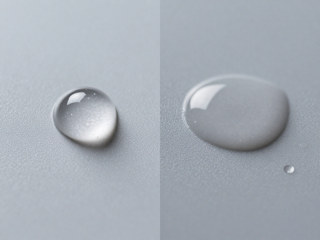 Side-by-side comparison showing water droplet beading on untreated polypropylene and spreading on treated polypropylene.