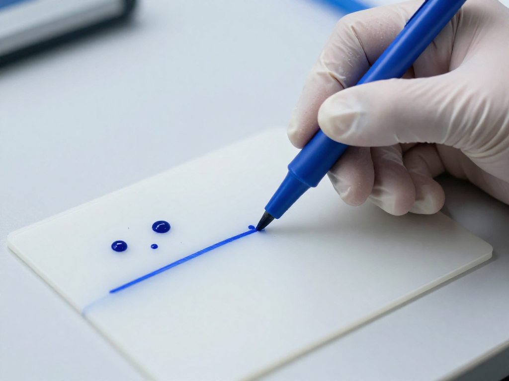 Dyne pen test on untreated and treated polypropylene surfaces, showing ink beading on untreated and wetting on treated.