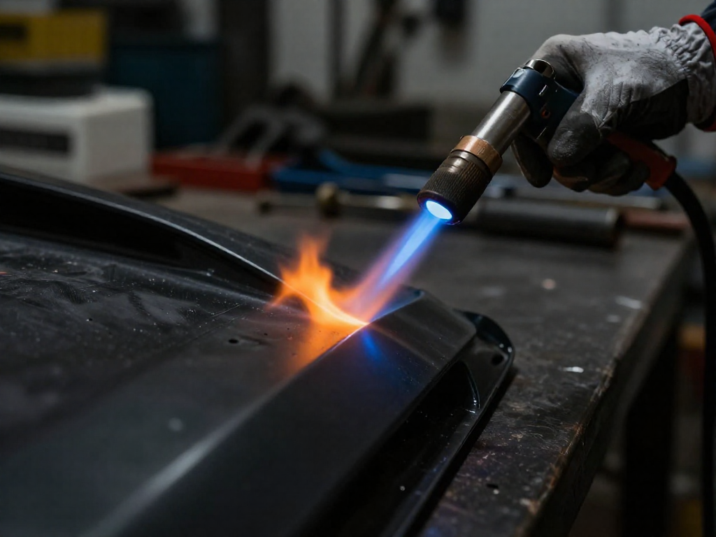 A propane torch flame-treating a polypropylene part, with a focused flame directed at the plastic.