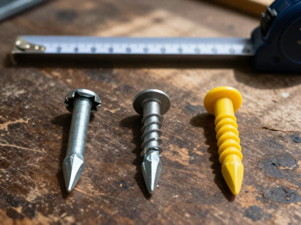 Three different masonry anchors—sleeve, wedge, and plastic—arranged side by side on a wooden surface with a measuring tape for scale.