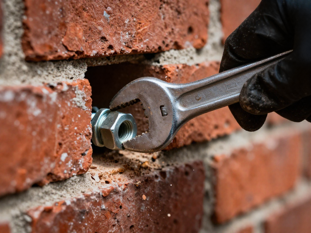 A close-up of a sleeve anchor being tightened in a brick wall, showing the metal sleeve expanding against the hole.
