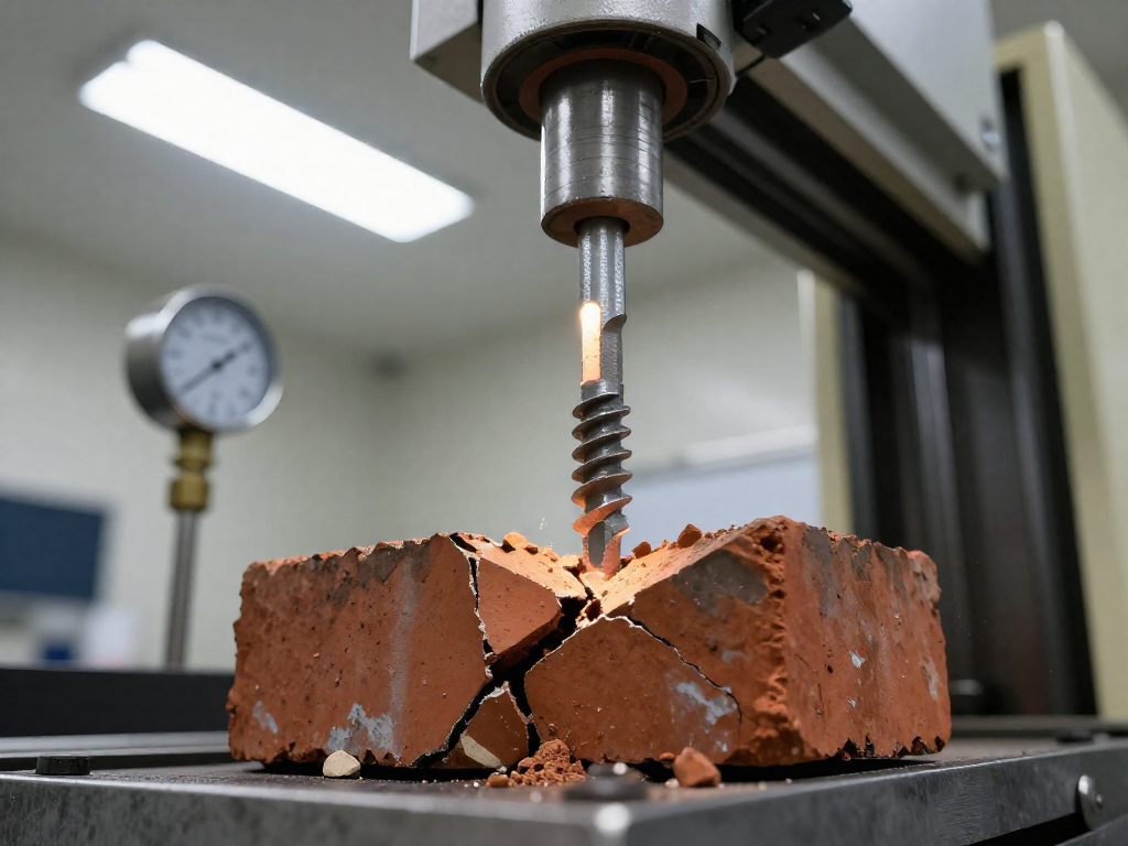 A wedge anchor being pulled out of a cracked brick by a testing machine, showing the brick fracture and tension measurement gauge.