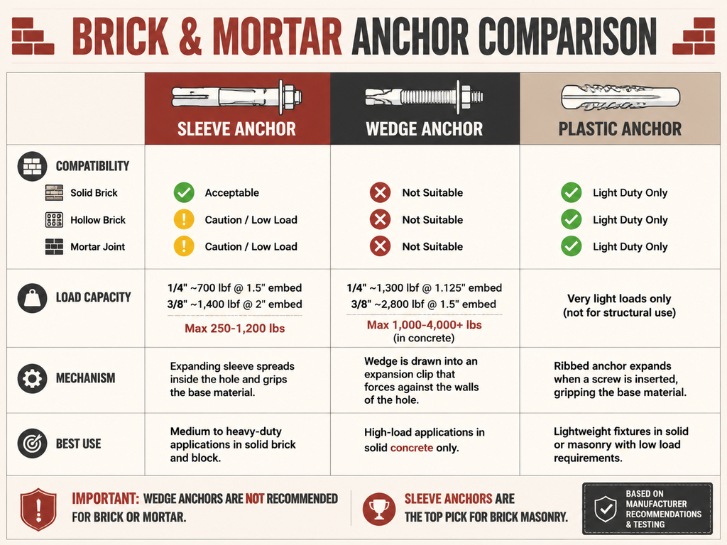 Infographic comparing sleeve, wedge, and plastic anchors for brick and mortar applications. Shows compatibility ratings (green check, yellow caution, red X) for solid brick, hollow brick, and mortar joints. Lists load capacities: sleeve 1/4-inch at 700 lbf, 3/8-inch at 1,400 lbf, max 250–1,200 lbs; wedge 1/4-inch at 1,300 lbf, 3/8-inch at 2,800 lbf, max 1,000–4,000+ lbs (concrete only); plastic for very light loads only. Notes wedge anchors are not suitable for brick or mortar, and sleeve anchors are recommended for brick masonry.