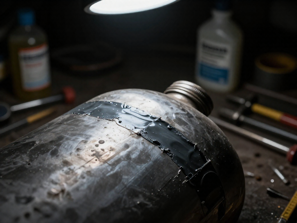 Close-up of an epoxy repair on a metal fuel tank in a dim garage setting.