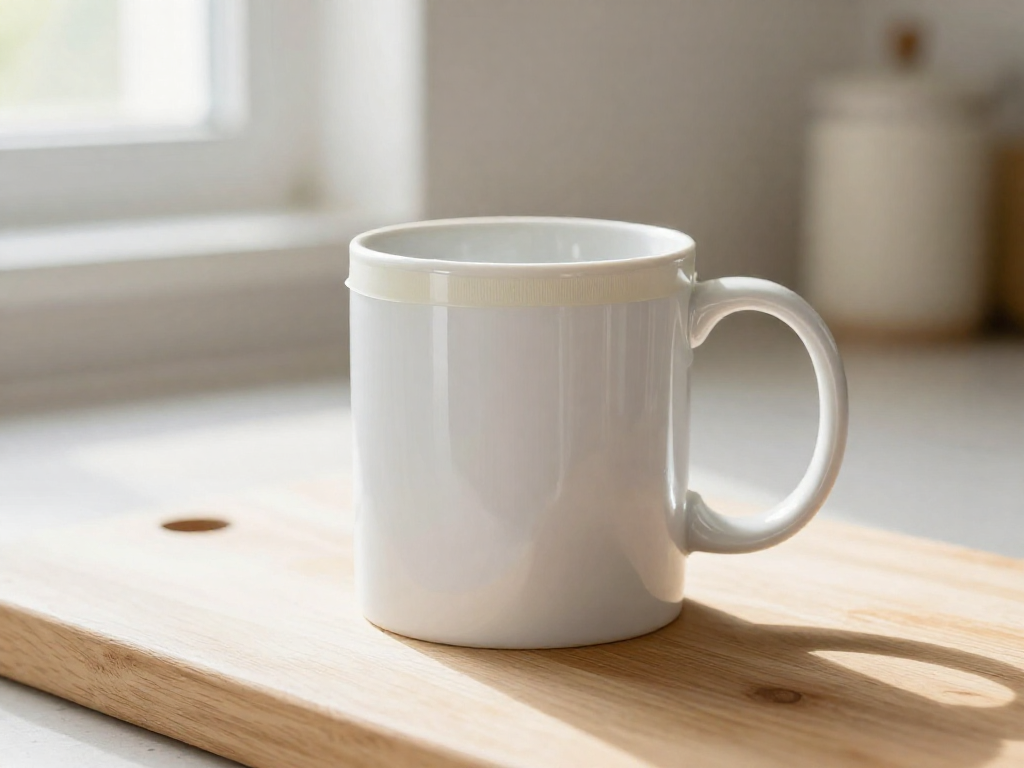 A repaired ceramic mug handle bonded with chemical-resistant adhesive on a kitchen counter.