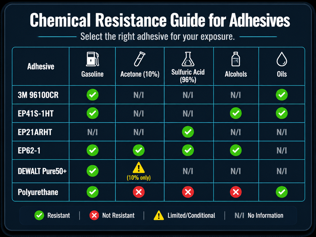 Infographic comparison table showing chemical resistance of 6 adhesives (3M 96100CR, EP41S-1HT, EP21ARHT, EP62-1, DEWALT Pure50+, Polyurethane) against gasoline, acetone, sulfuric acid, alcohols, and oils. Uses check marks for resistant, crosses for not resistant, warning for limited, and N/I for no information.