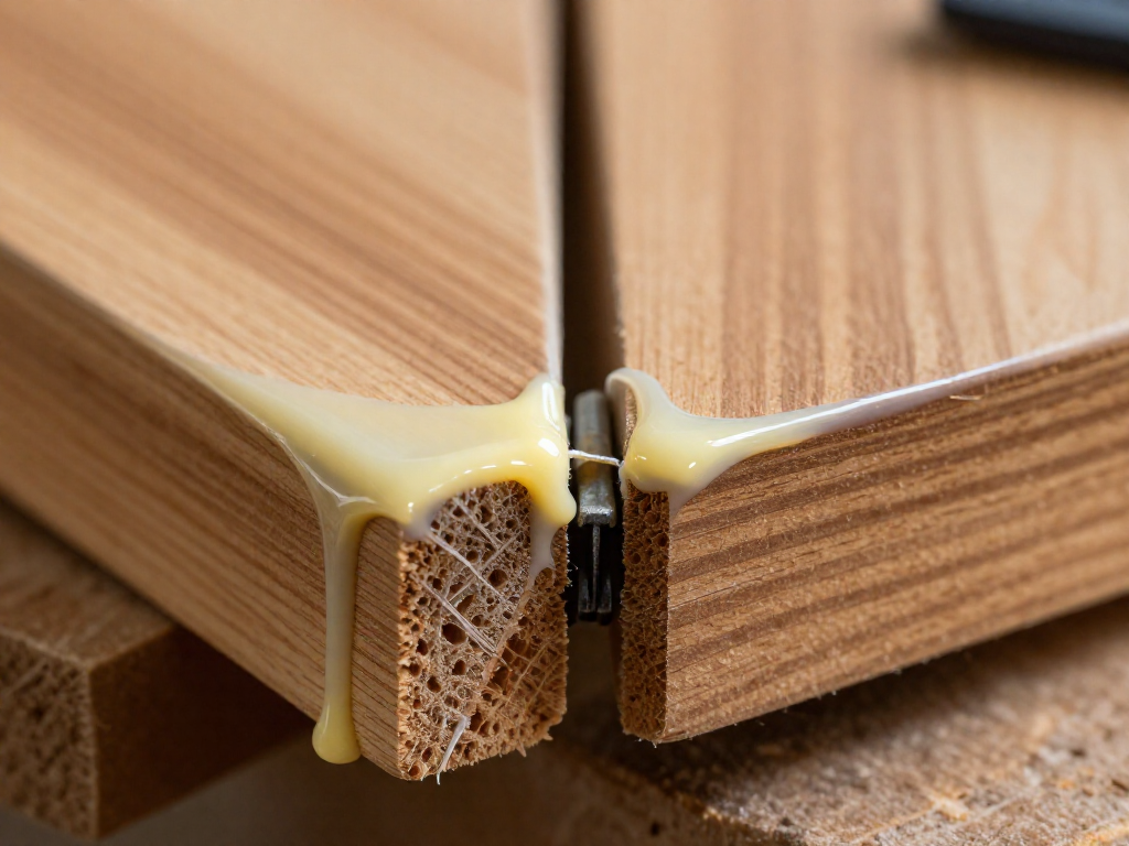 Two wooden boards glued together under clamps, one with excessive glue squeeze-out and the other with a neat bond line.