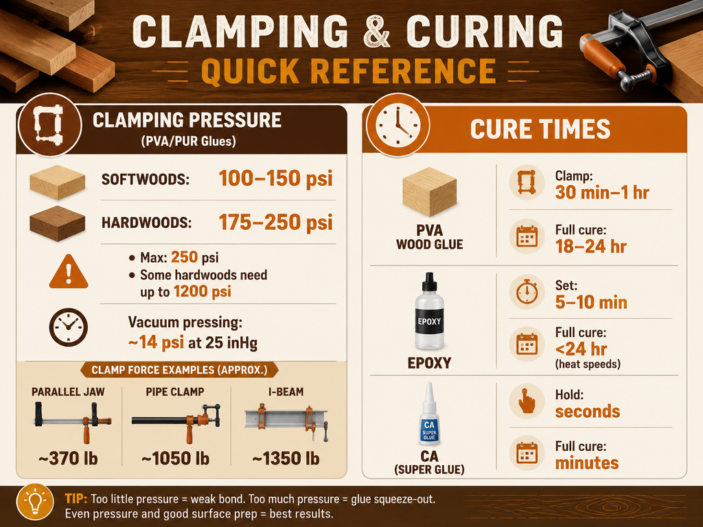 Infographic summarizing clamping pressures and cure times for wood glues (PVA), epoxy, and cyanoacrylate. Shows softwood pressure 100-150 psi, hardwood 175-250 psi, max 250 psi, vacuum pressure ~14 psi, clamp forces. Cure times: PVA clamp 30min-1hr, full cure 18-24hr; epoxy set 5-10min, full <24hr; CA seconds, full cure minutes.
