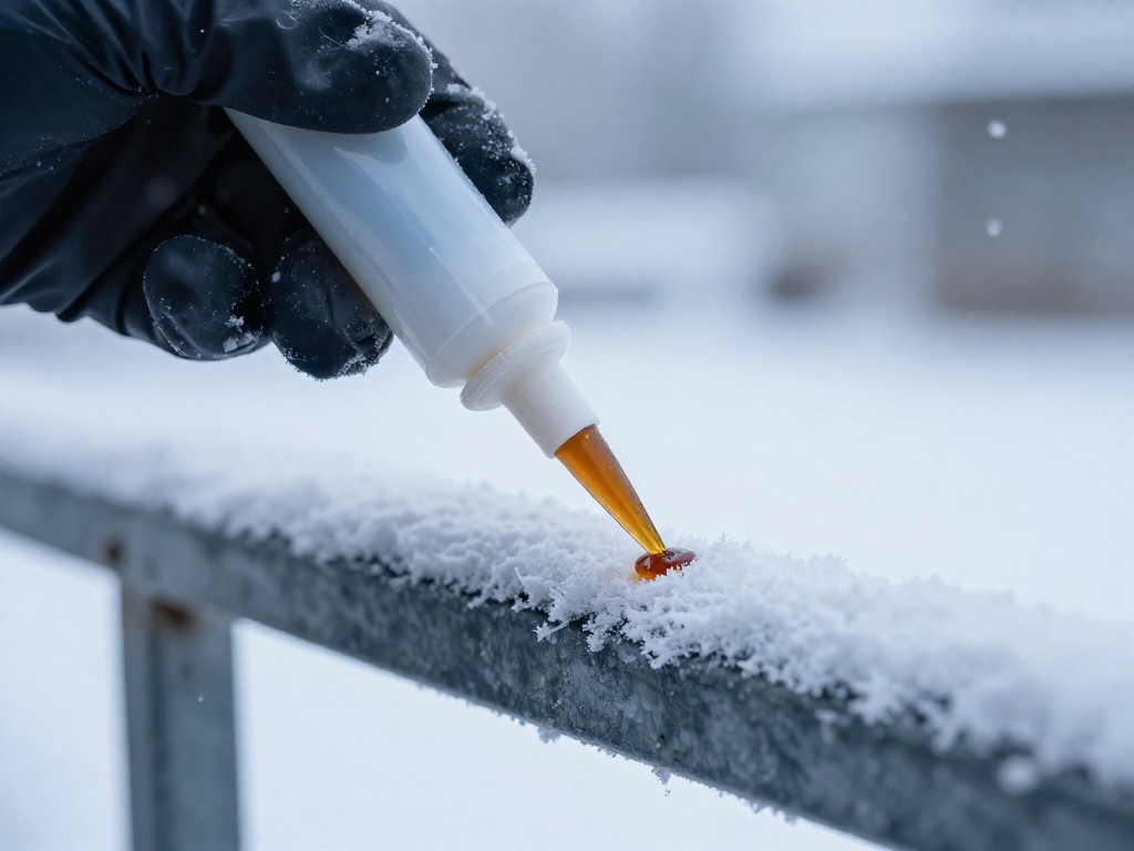 A gloved hand applying amber epoxy from a dual-cartridge dispenser onto a frosty metal surface during a snowy winter day, with snowflakes visible in the air.