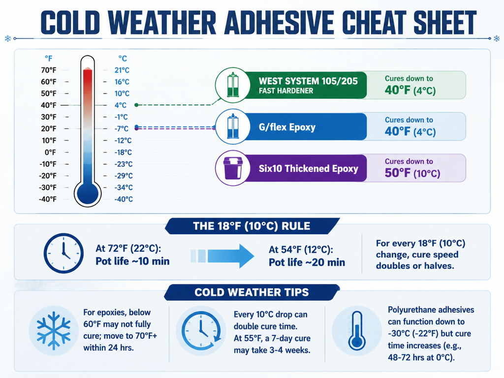 Infographic titled 'Cold Weather Adhesive Cheat Sheet' showing minimum application temperatures for WEST SYSTEM 105 Resin/205 Fast Hardener and G/flex at 40°F (4°C), Six10 at 50°F (10°C). It includes the 18°F rule: pot life at 72°F is 10 minutes, at 54°F is 20 minutes. Tips warn that epoxies below 60°F may not fully cure, and every 10°C drop can double cure time. Polyurethane adhesives can function down to -30°C.