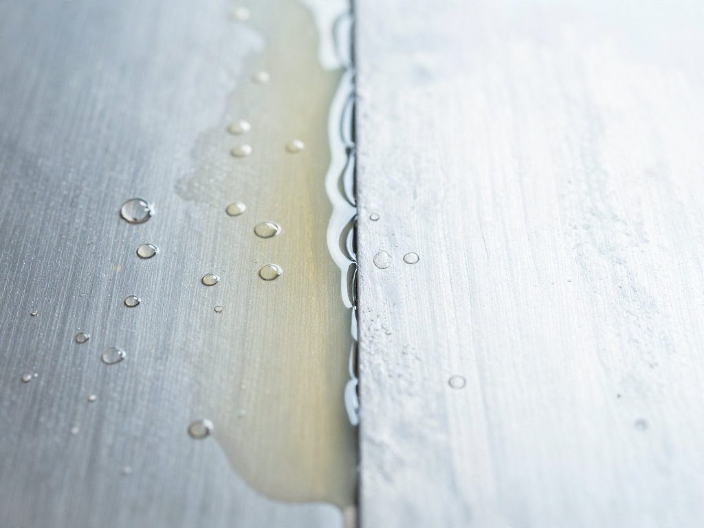 Split-view macro photograph showing water beading up on a contaminated metal surface on one side and spreading evenly on a clean surface on the other.