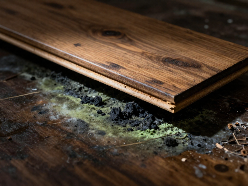 A lifted hardwood floor plank exposing dark mold growth on the damp subfloor underneath, with crumbled adhesive residue.
