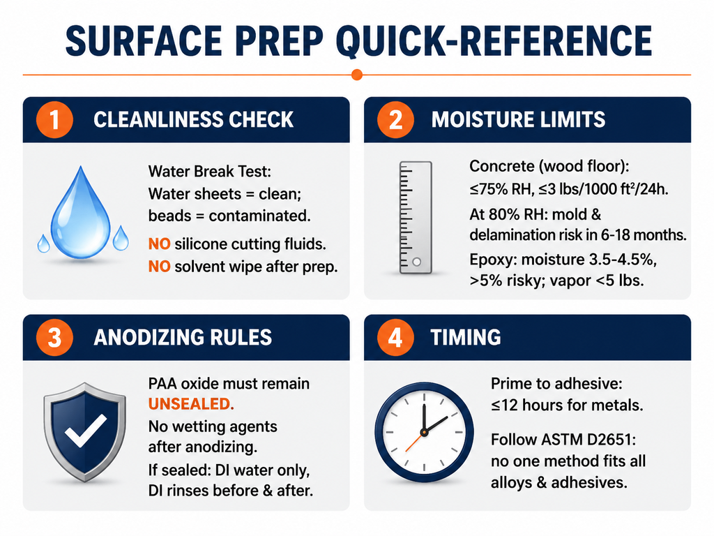 Infographic titled 'Surface Prep Quick-Reference' summarizing key adhesion rules: water break test for cleanliness, concrete moisture limits (≤75% RH, ≤3 lbs/1000 ft²/24h), anodizing do's and don'ts (unsealed PAA, no wetting agents), and timing rules (12-hour prime-to-adhesive window for metals).