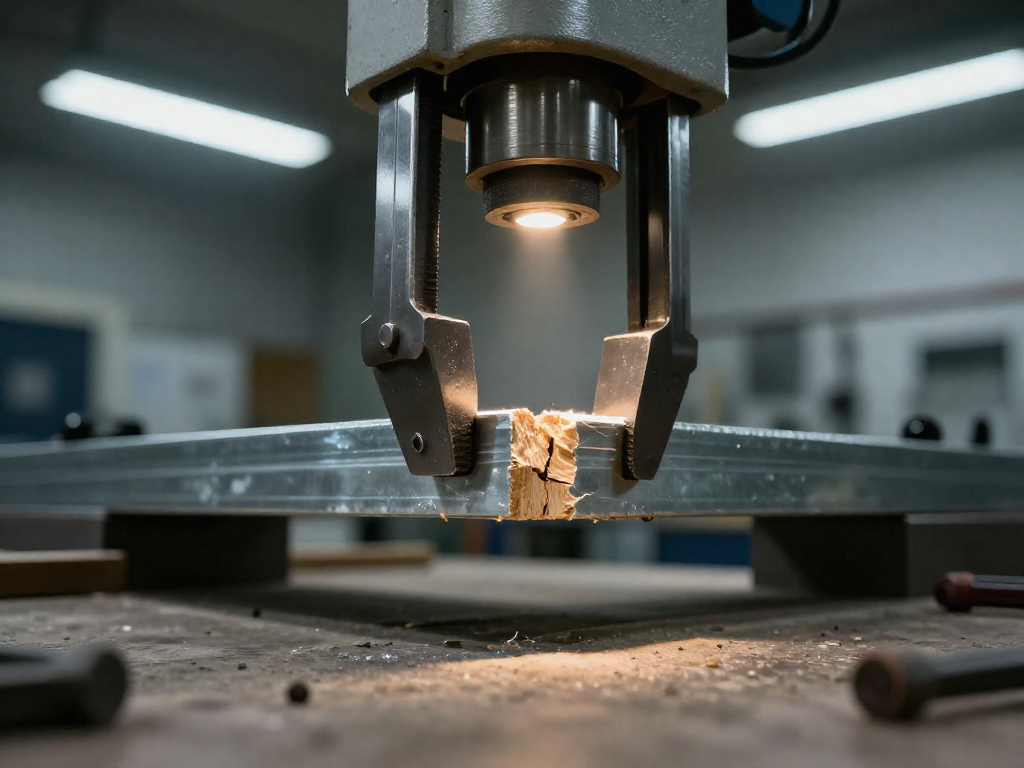 A hydraulic testing machine grips a bonded wood and metal joint that is starting to splinter under tension, in a dim industrial workshop.