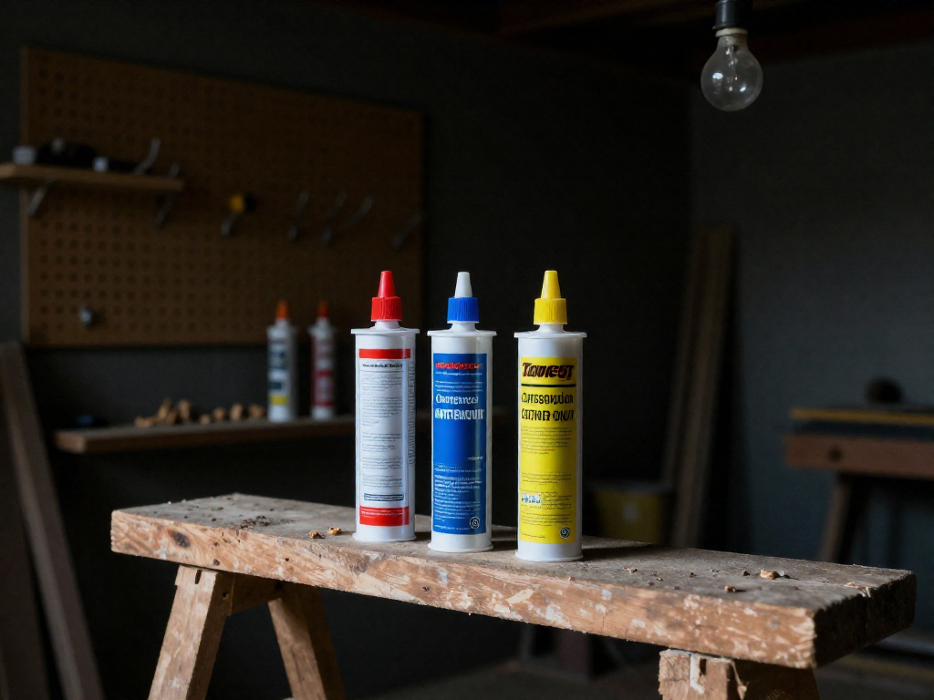 Three adhesive tubes with red, blue, and yellow caps stand on a sawhorse in a shadowy workshop, with a pegboard behind them.