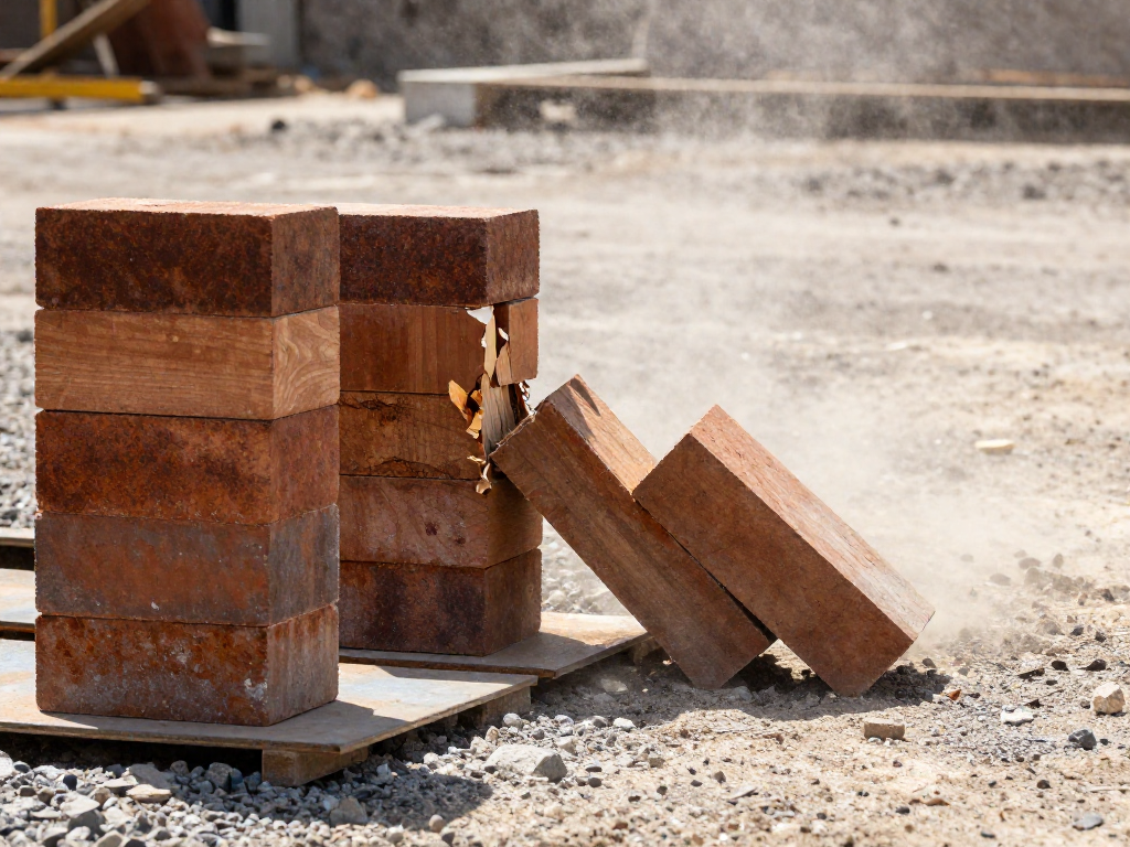 On a sunny construction site, three wood blocks bonded to metal plates hold cinder blocks; the farthest one is breaking apart, with blocks crashing down.