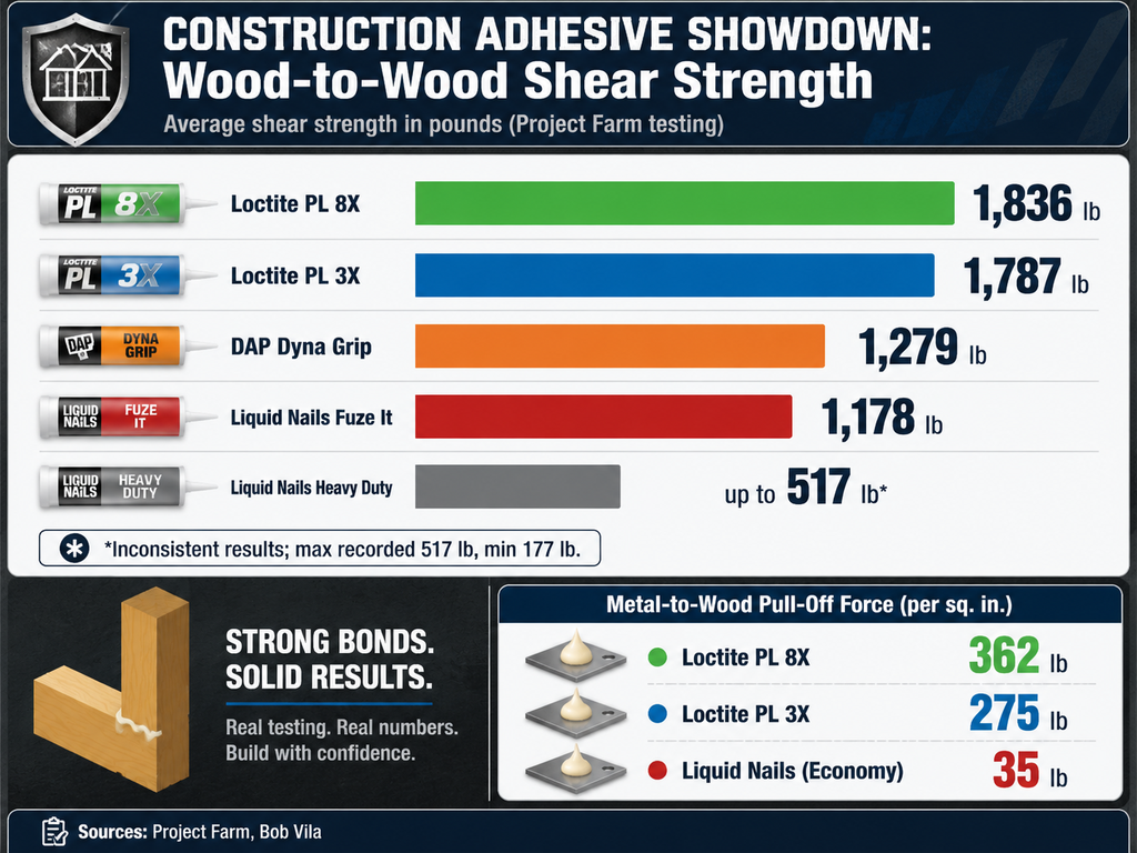 Infographic comparing construction adhesive strengths. Wood-to-wood shear strength: Loctite PL 8X 1,836 lb, PL 3X 1,787 lb, DAP Dyna Grip 1,279 lb, Liquid Nails Fuze It 1,178 lb, and Heavy Duty up to 517 lb. Metal-to-wood pull-off force: Loctite PL 8X 362 lb, PL 3X 275 lb, Liquid Nails Economy 35 lb. Sources: Project Farm, Bob Vila.