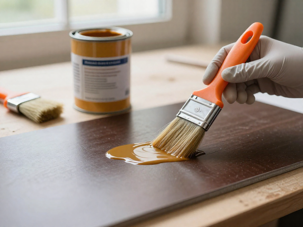 A foam brush applying a coat of contact cement onto a dark laminate surface, with an open can and used brush nearby.