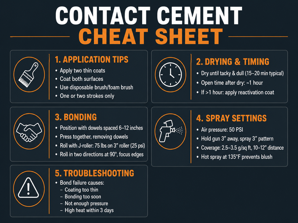 Infographic cheat sheet for using contact cement correctly, with sections on application tips, drying and timing specifications, bonding technique with dowels and J-roller pressure, spray application settings, and troubleshooting bond failure causes.