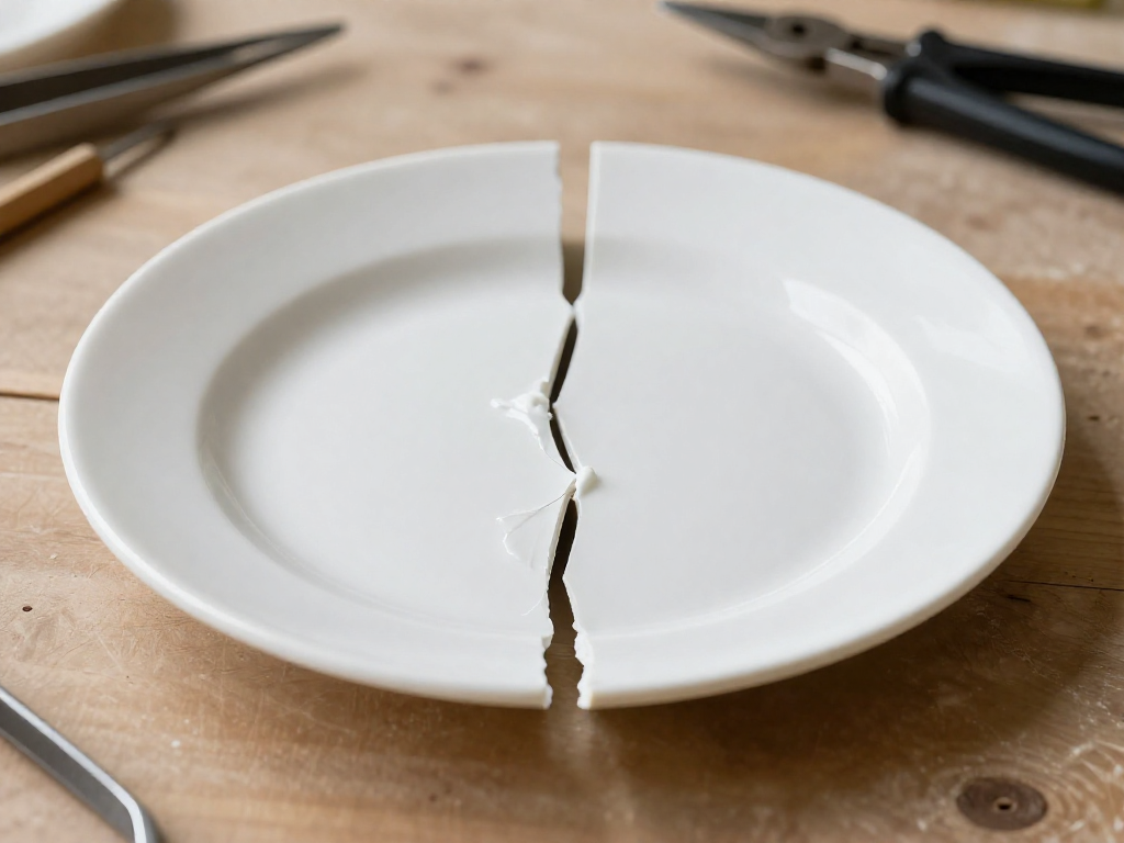 A broken ceramic plate showing a messy, gap-filled super glue repair next to a neat, barely visible proper repair.