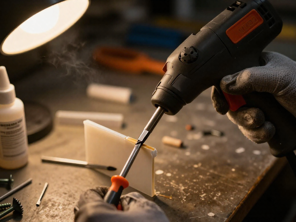 A heat gun being used to soften super glue on a joint, with a screwdriver in place to separate the pieces.