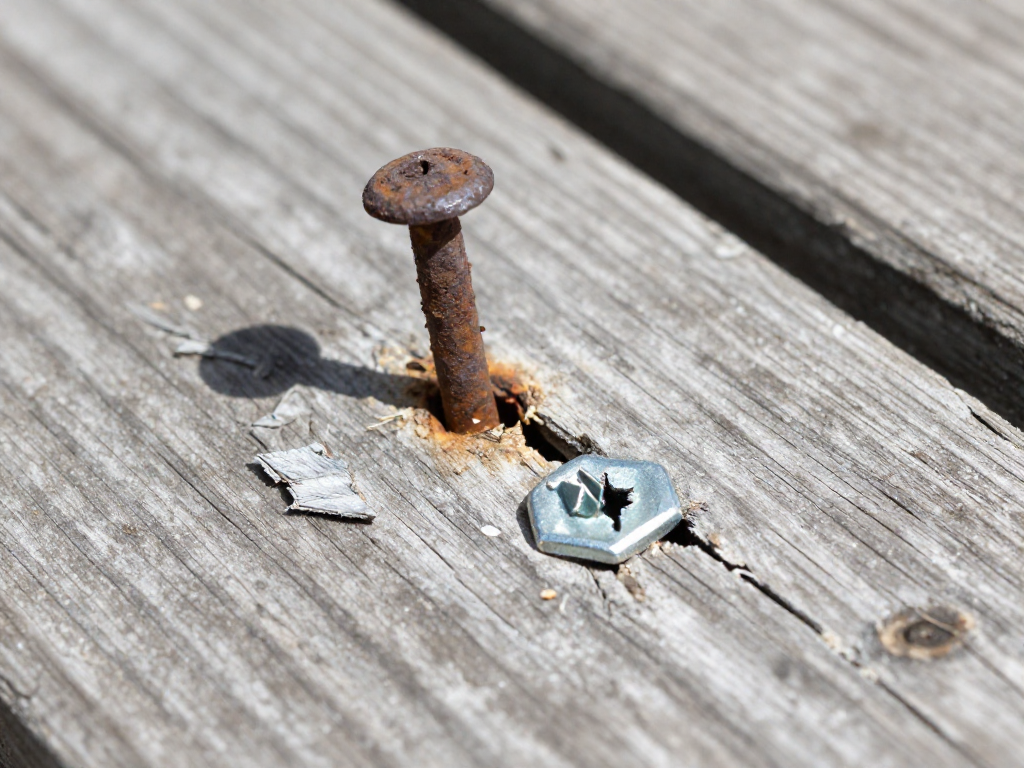 Close-up of a weathered deck board showing a popped nail and a cracked screw head.