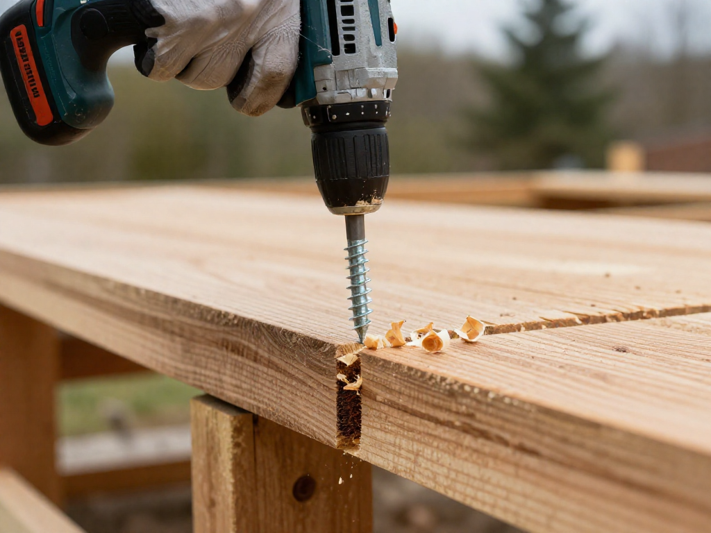 Close-up of a hand driving a deck screw at an angle into the edge of a wooden board, avoiding the end grain.