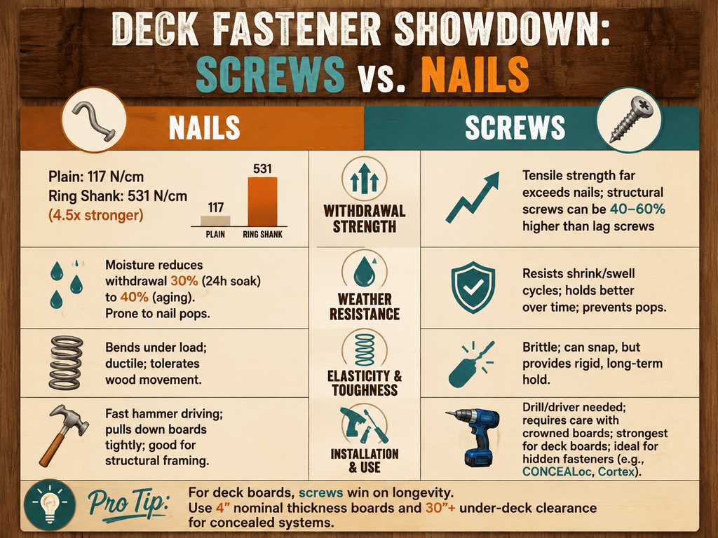 Infographic comparing nails and screws for deck fastening. Nails: plain withdrawal 117 N/cm, ring shank 531 N/cm; moisture reduces strength 30-40%. Screws: significantly higher tensile strength, resist moisture cycling, prevent pops. Nails bend; screws are brittle but hold tighter. Screws are strongest for deck boards; nails suit framing.