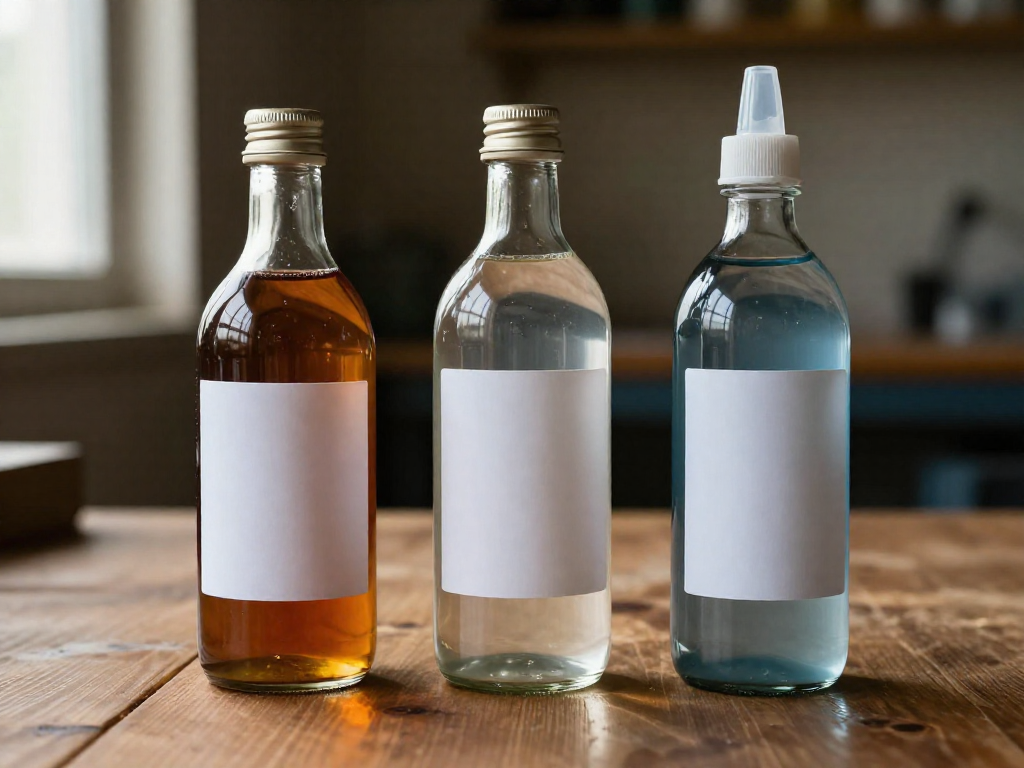 Three glass bottles with different solvents lined up on a wooden workbench.