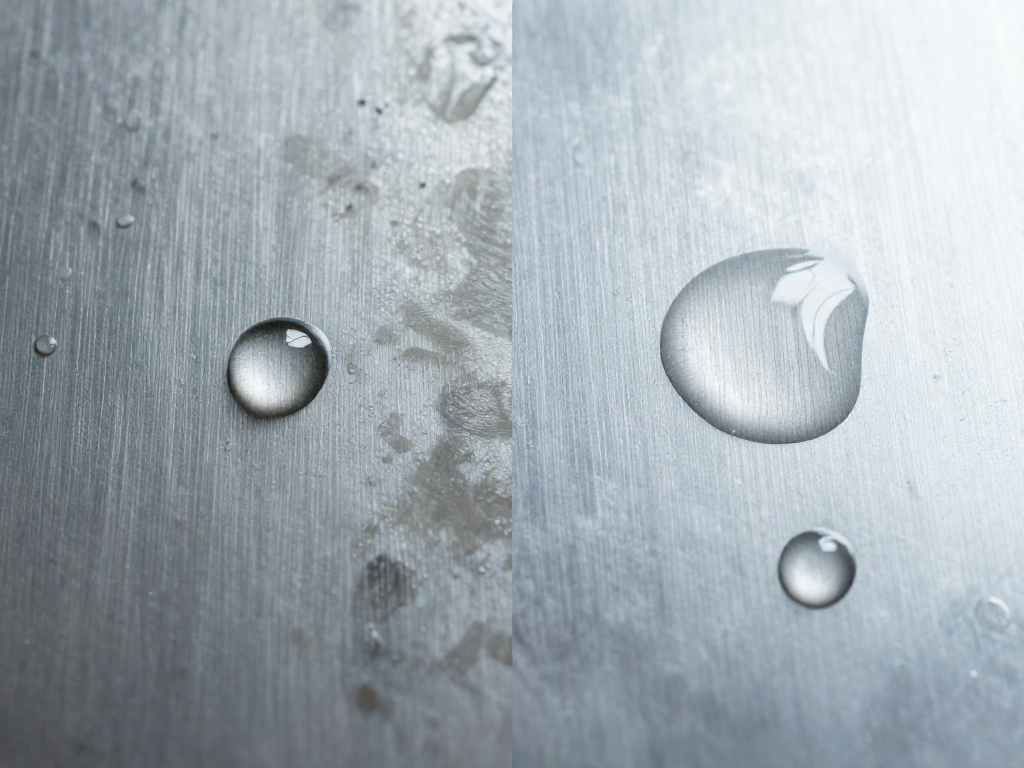 Split image showing water beading on a contaminated metal surface versus spreading on a clean metal surface.