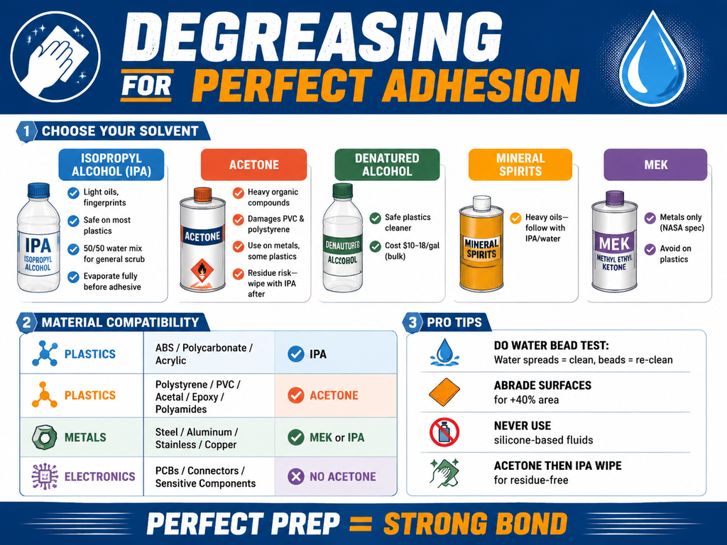 Infographic cheatsheet comparing degreasing solvents for adhesive bonding. Sections include solvent uses (IPA for light oils, acetone for heavy organics), material compatibility (IPA for ABS, acetone for polystyrene, MEK for metals), and pro tips (water bead test, surface abrasion, avoid silicones). Cost comparison: acetone $15–25/gal, denatured alcohol $10–18/gal. Clean editorial style with icons.